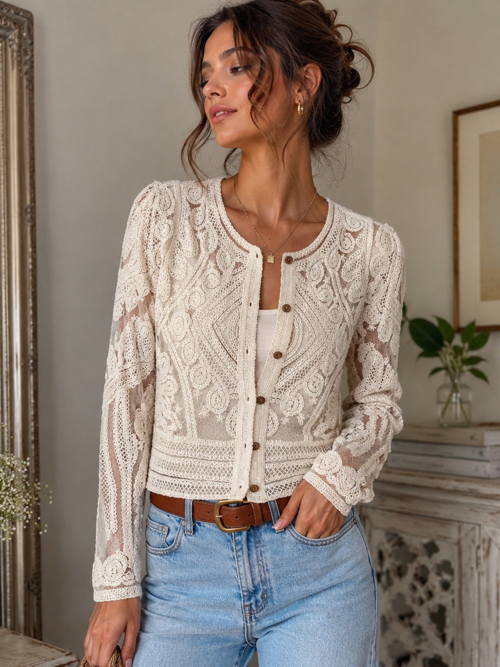 Ultra Pink Ivory Embroidered Lace Button Cardigan Y2K Coquette Fairycore Size M